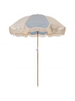 Parasol bleu à franges 70's, inclinable, Ø 180 x haut. 230 cm