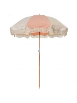 Parasol rose à franges 70's, inclinable, Ø 180 x haut. 230 cm